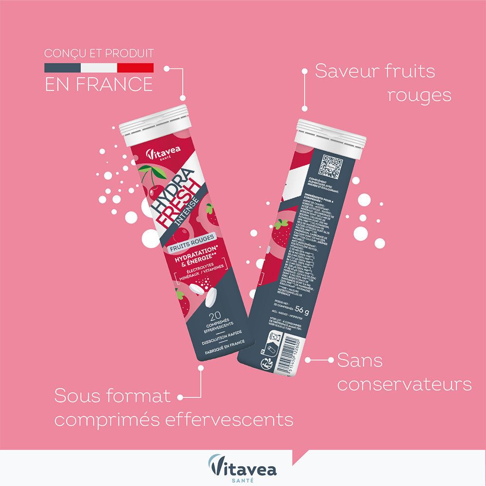Zwei Tuben HydraFresh Intense Fruits Rouges. Aufschrift: 20 Brausetabletten, ohne Konservierungsstoffe. Hergestellt in Frankreich.