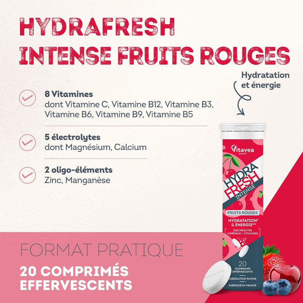 Infografik: HydraFresh Intense Fruits Rouges. 8 Vitamine, 5 Elektrolyte, 2 Spurenelemente. 20 Brausetabletten. Praktisches Format.