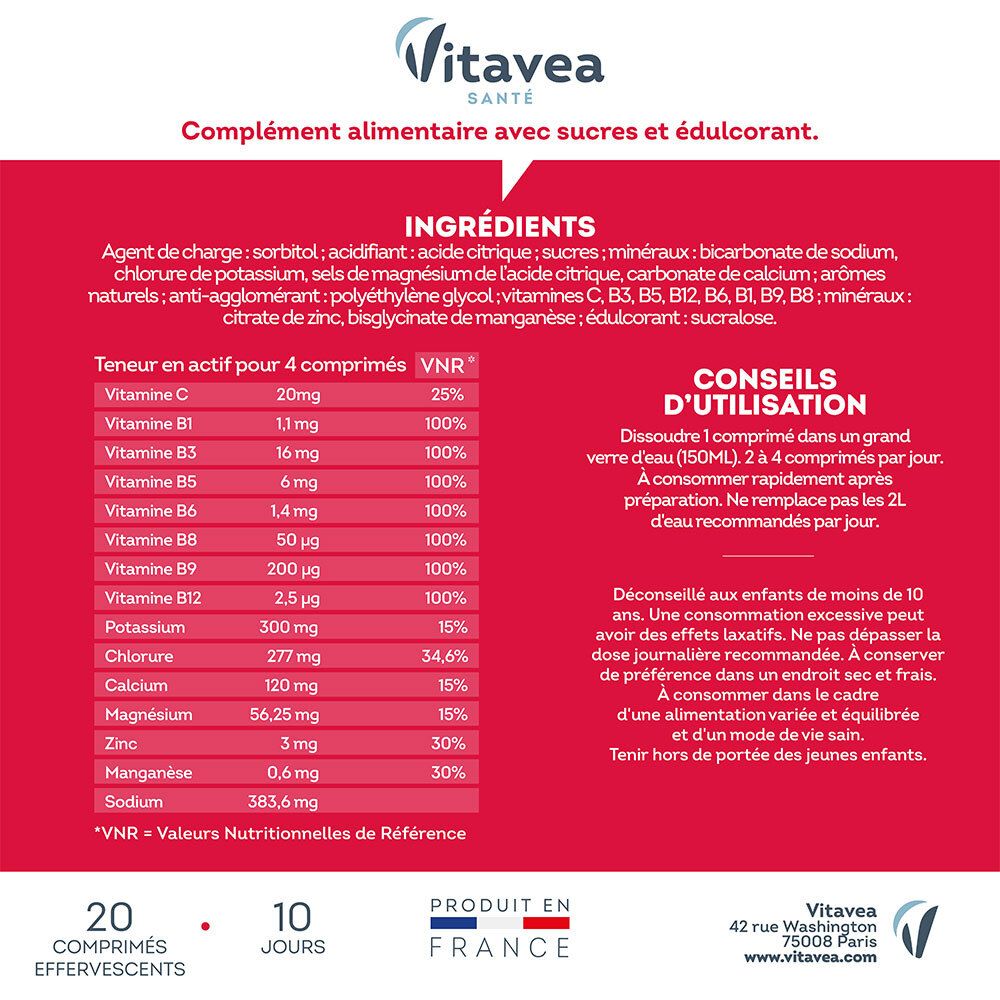 Nährwerttabelle und Anwendungshinweise für HydraFresh Intense Fruits Rouges. 20 Brausetabletten. Hergestellt in Frankreich.