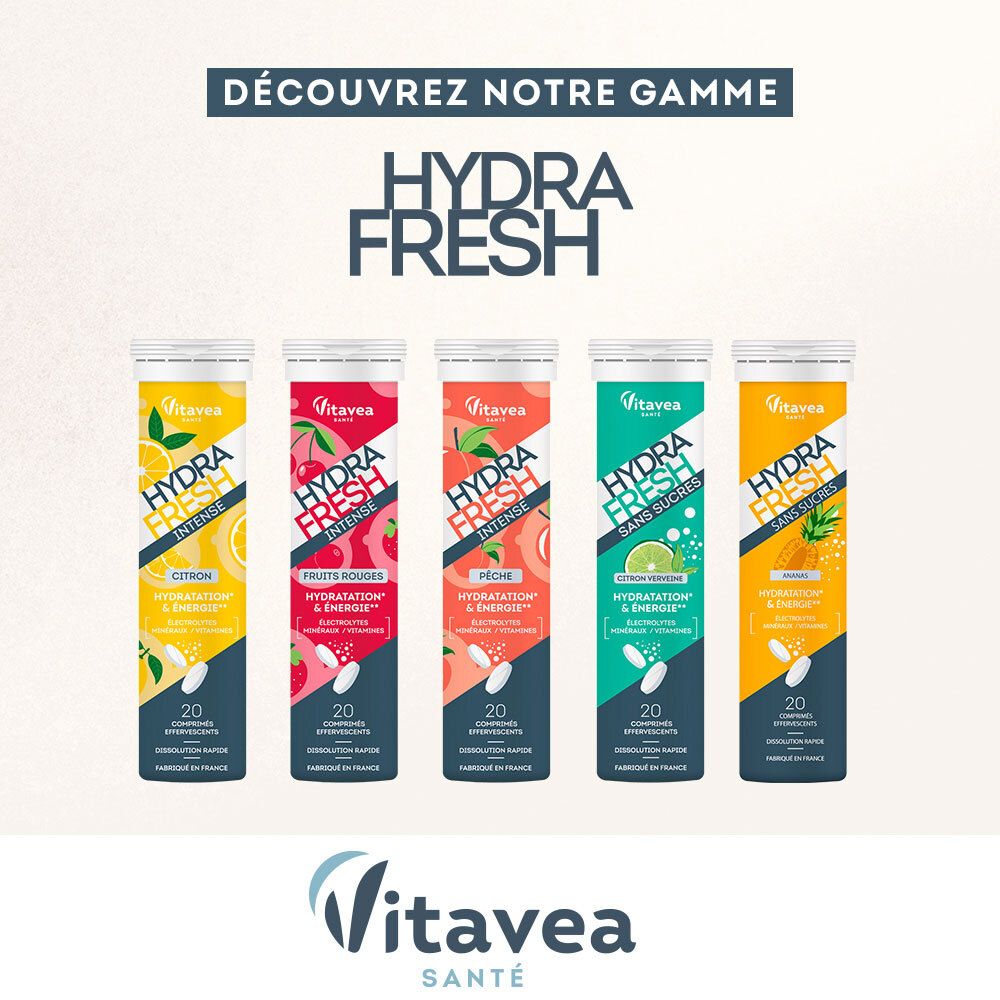 Produktreihe HydraFresh. Verschiedene Geschmacksrichtungen: Zitrone, Fruits Rouges, Pfirsich, Limette, Ananas. 20 Tabletten.