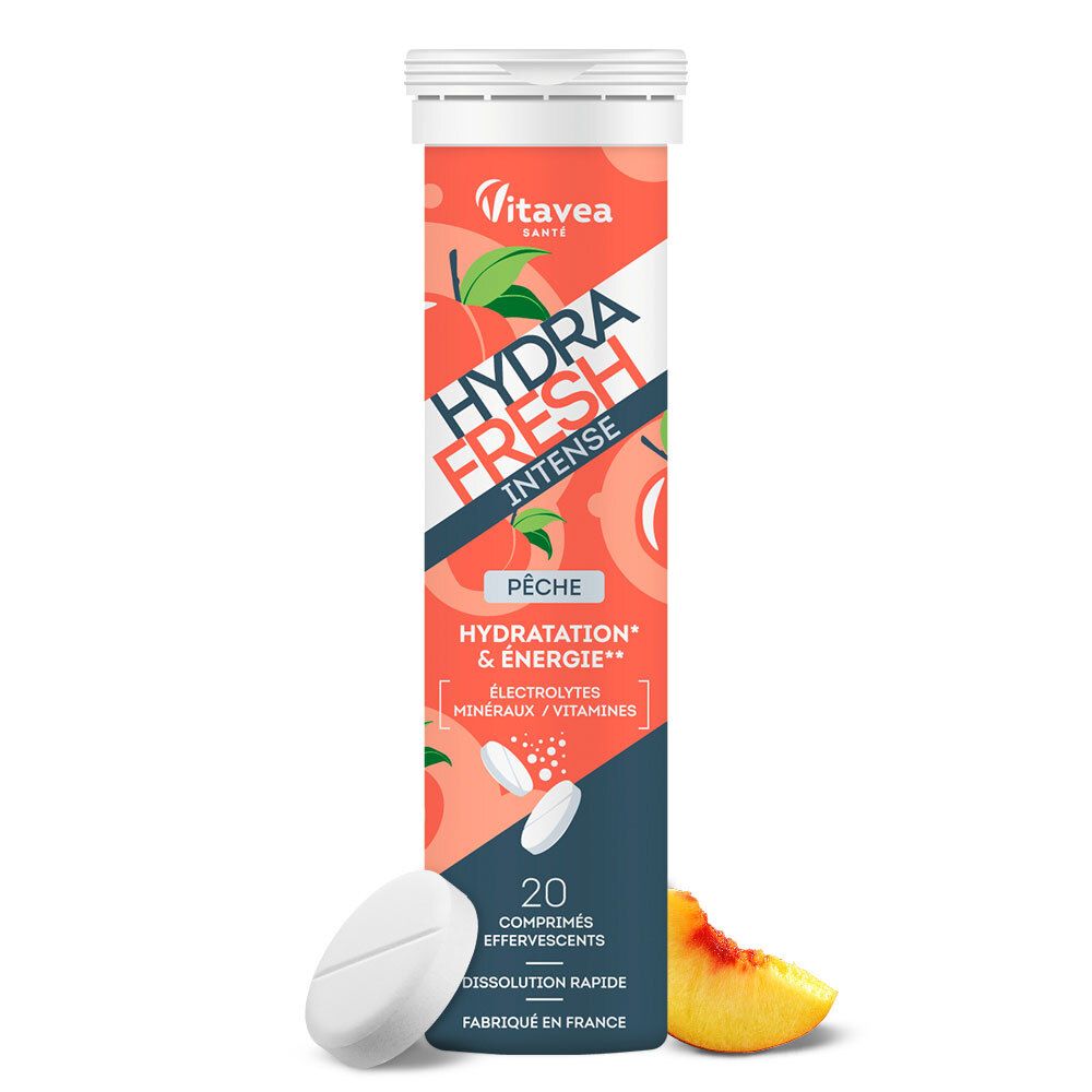 Tube VITAVEA HydraFresh Intense Pêche. Contient 20 comprimés effervescents. Illustration de pêche.