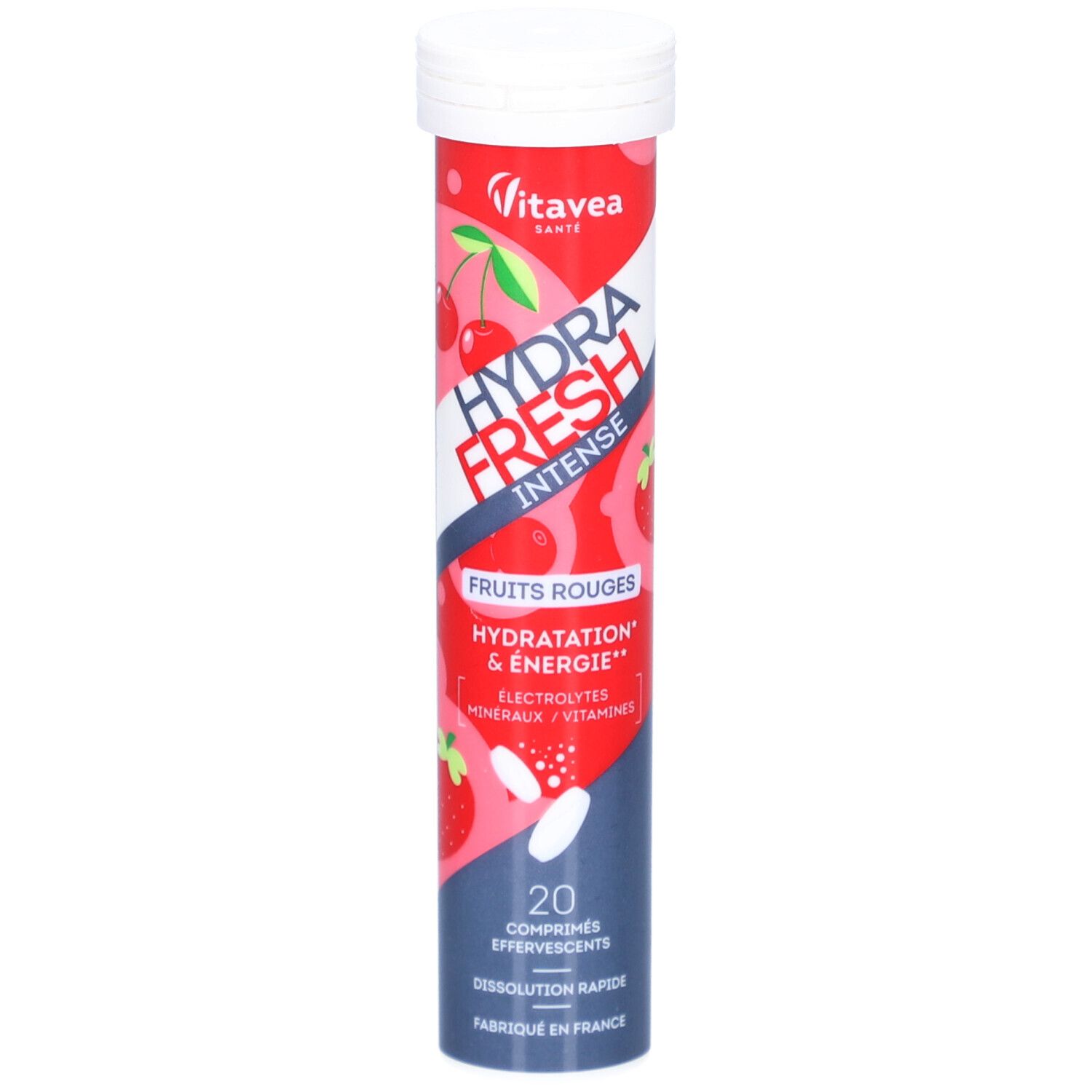 Tube VITAVEA HydraFresh Intense Fruits Rouges. Contient 20 comprimés effervescents. Illustration de fruits.