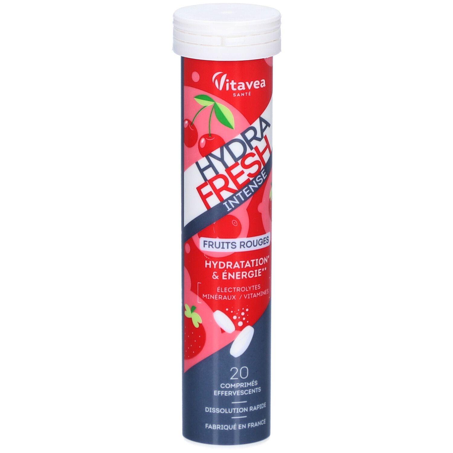 Tube VITAVEA HydraFresh Intense Fruits Rouges. Contient 20 comprimés effervescents. Illustration de fruits.