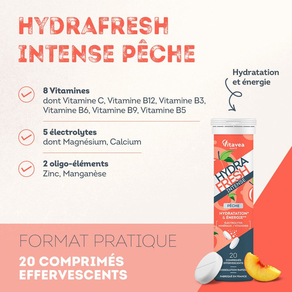 Infographie sur VITAVEA HydraFresh Intense Pêche. Contient vitamines, électrolytes et oligo-éléments. 20 comprimés.