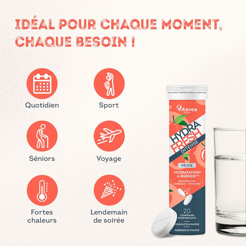 VITAVEA HydraFresh Intense Pêche. Idéal pour quotidien, sport, seniors, voyage, chaleur, soirée. 20 comprimés.