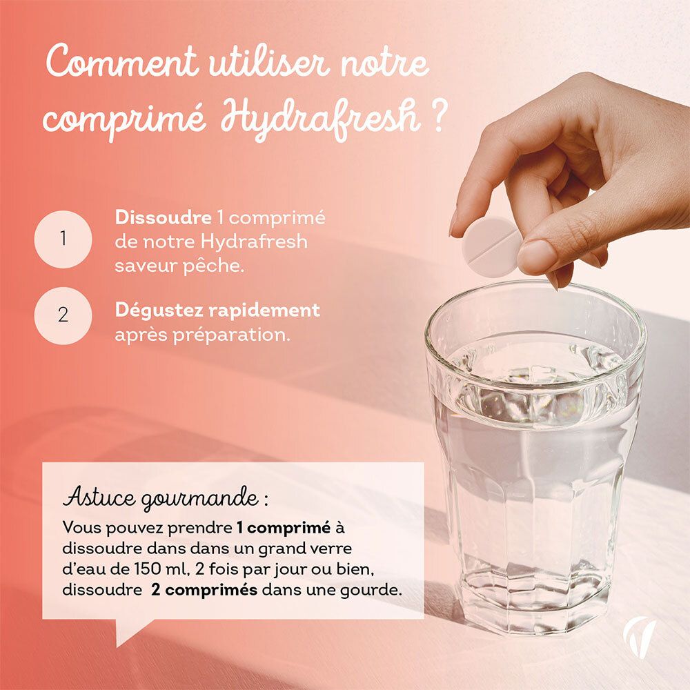 Instructions d'utilisation de VITAVEA HydraFresh Intense Pêche. Dissoudre 1 comprimé dans l'eau. 2 comprimés en gourde.