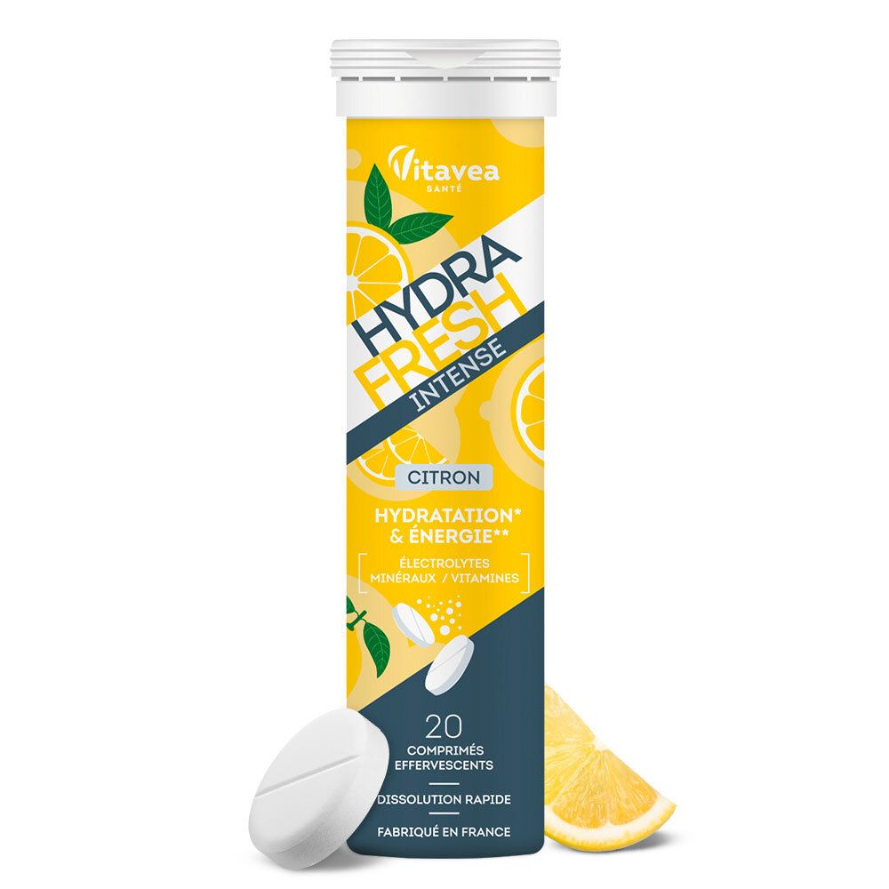 Tube de comprimés effervescents. HYDRA FRESH INTENSE, saveur citron. Marque Vitae. 20 comprimés. Fabriqué en France.
