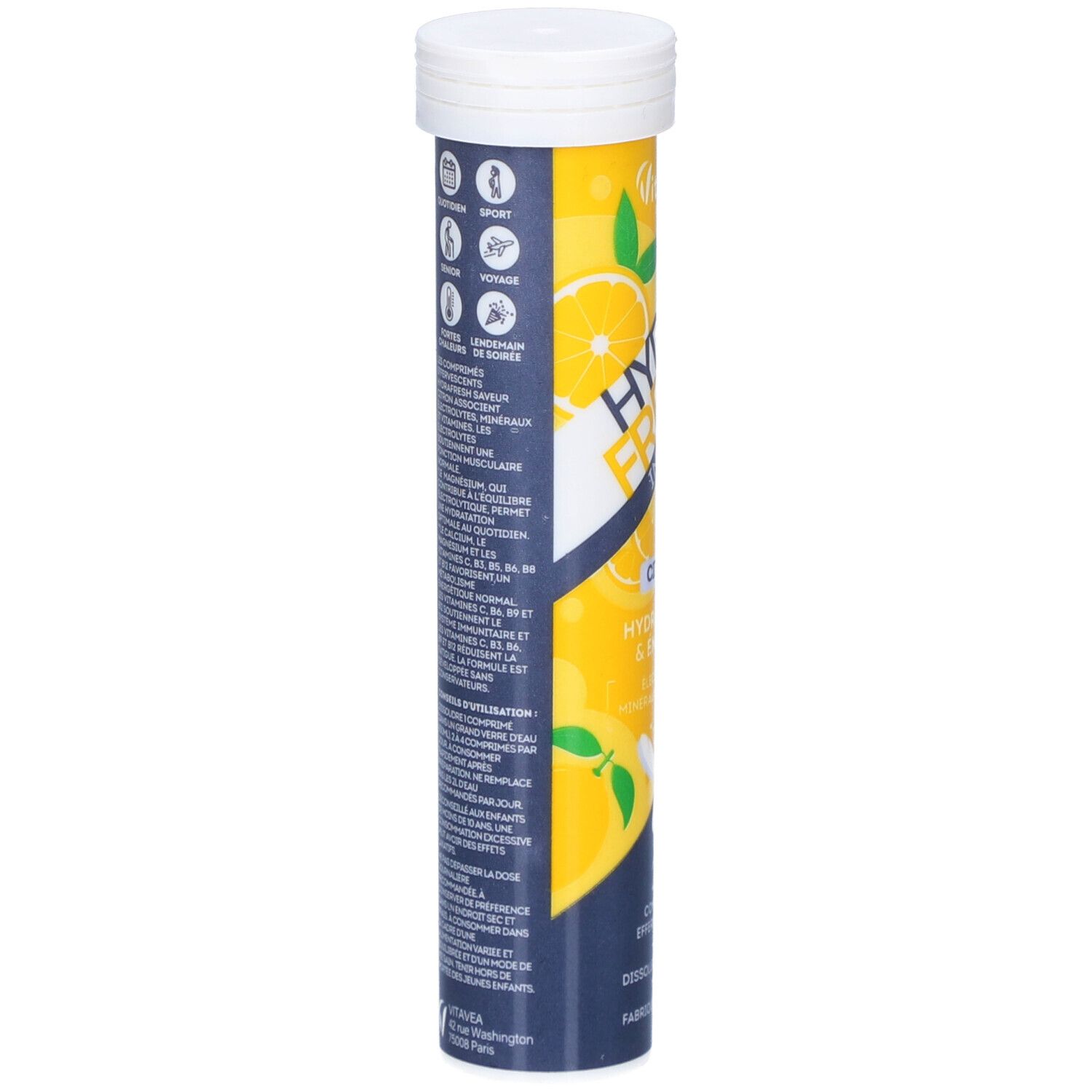 Tube de comprimés effervescents. HYDRA FRESH INTENSE, saveur citron. Marque Vitae. Verso.