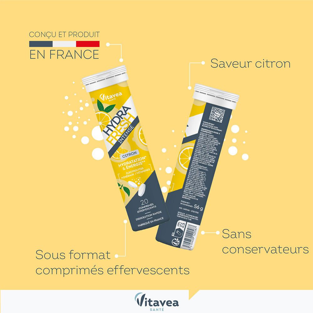 Deux tubes de comprimés effervescents. HYDRA FRESH INTENSE, saveur citron. Fabriqué en France. Sans conservateurs.