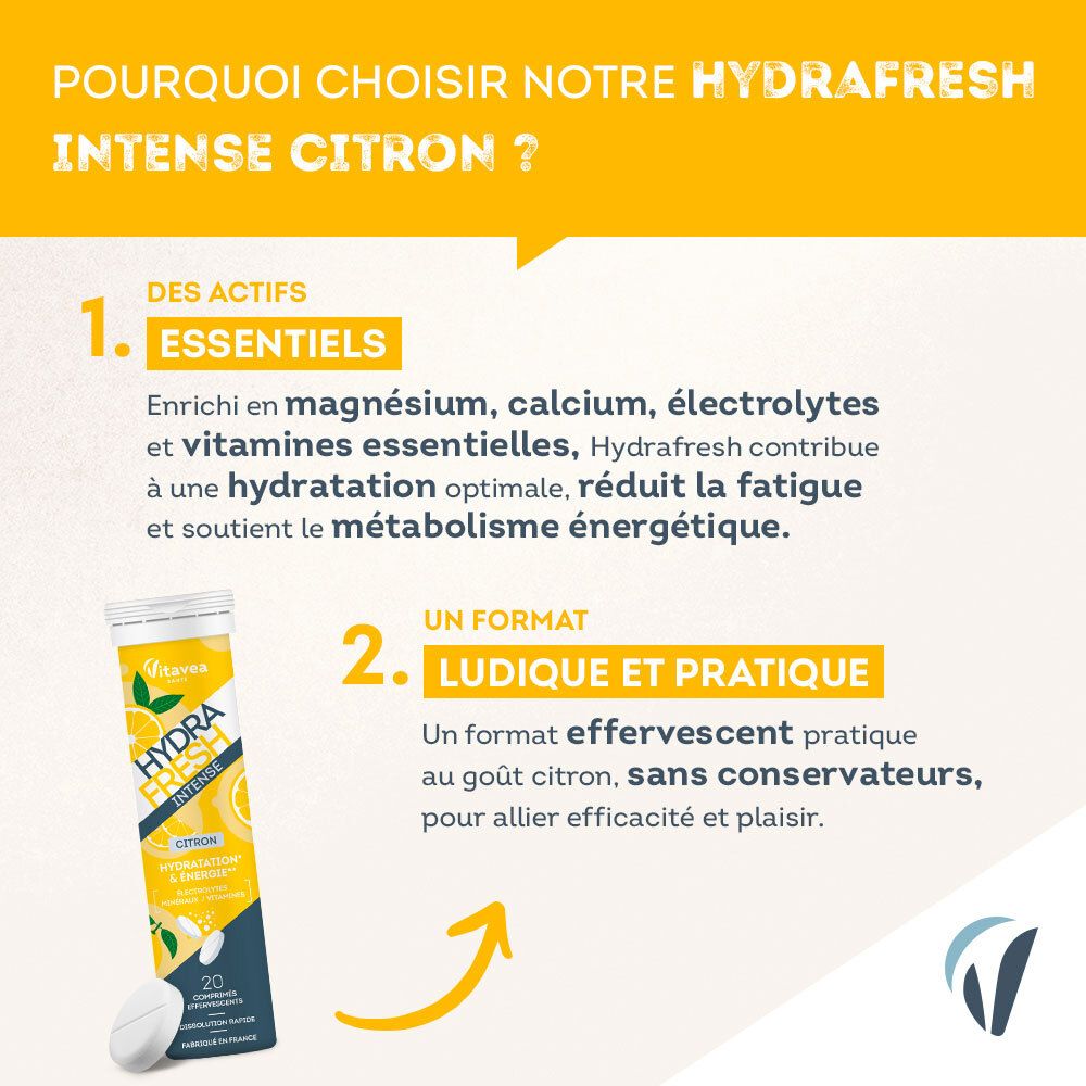Tube de comprimés effervescents. HYDRA FRESH INTENSE, saveur citron. Contient électrolytes et vitamines. Format pratique. Vitae.