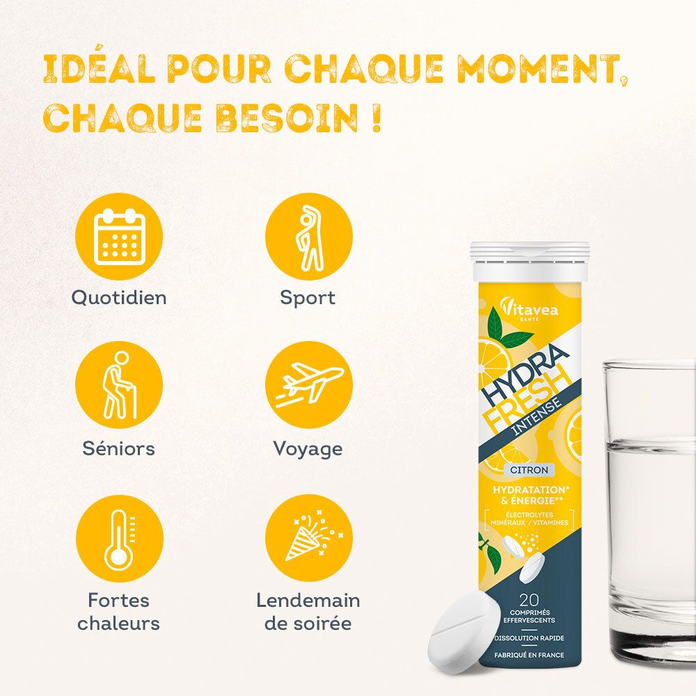 Tube de comprimés effervescents. HYDRA FRESH INTENSE, saveur citron. Idéal pour quotidien, sport, seniors, voyage, chaleur, soirée.