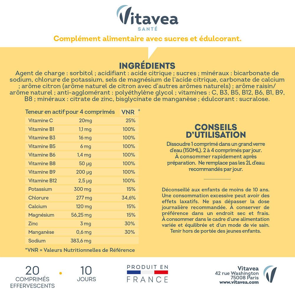 Ingrédients et tableau nutritionnel des comprimés effervescents. HYDRA FRESH. Marque Vitae. 20 comprimés. Fabriqué en France.