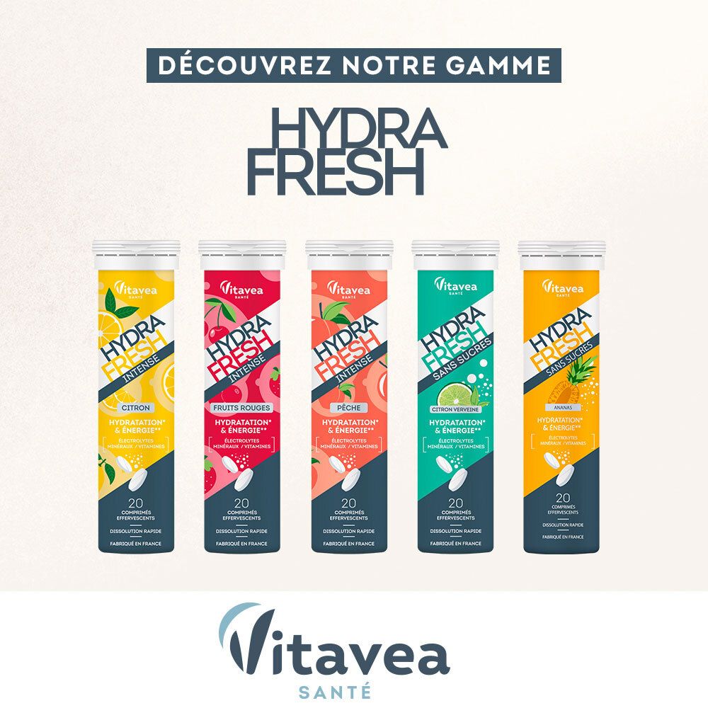 Cinq tubes de comprimés effervescents. HYDRA FRESH INTENSE, différents goûts. Marque Vitae.