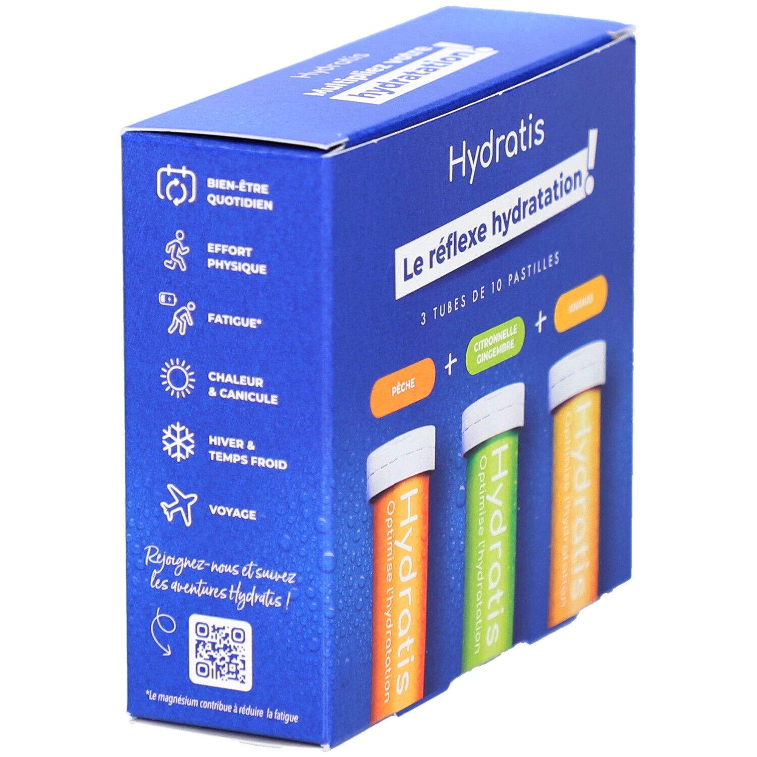 Boîte bleue Hydratis. Inscription "Le réflexe hydratation". 3 tubes de 10 pastilles. Saveurs : Pêche, Gingembre, Ananas. Icônes.