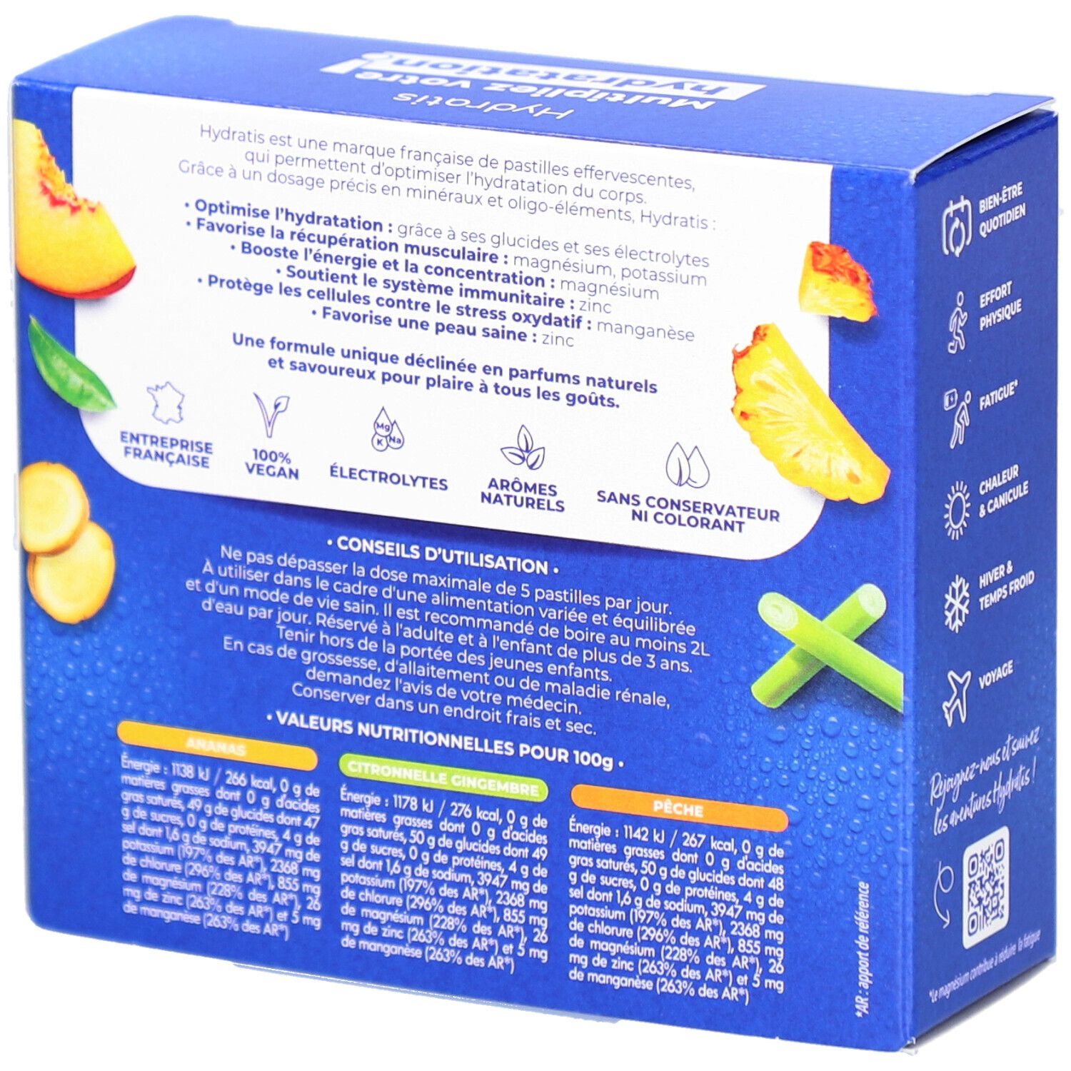 Dos de la boîte Hydratis. Informations sur les ingrédients, l'utilisation et les valeurs nutritionnelles. Logo vegan.