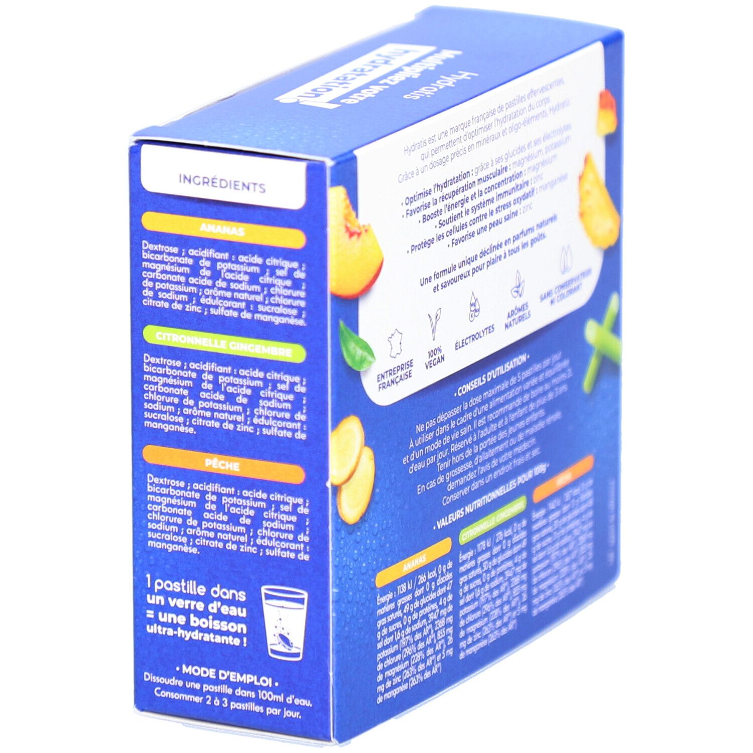 Dos de la boîte Hydratis. Ingrédients, mode d'emploi et valeurs nutritionnelles. Logo vegan.