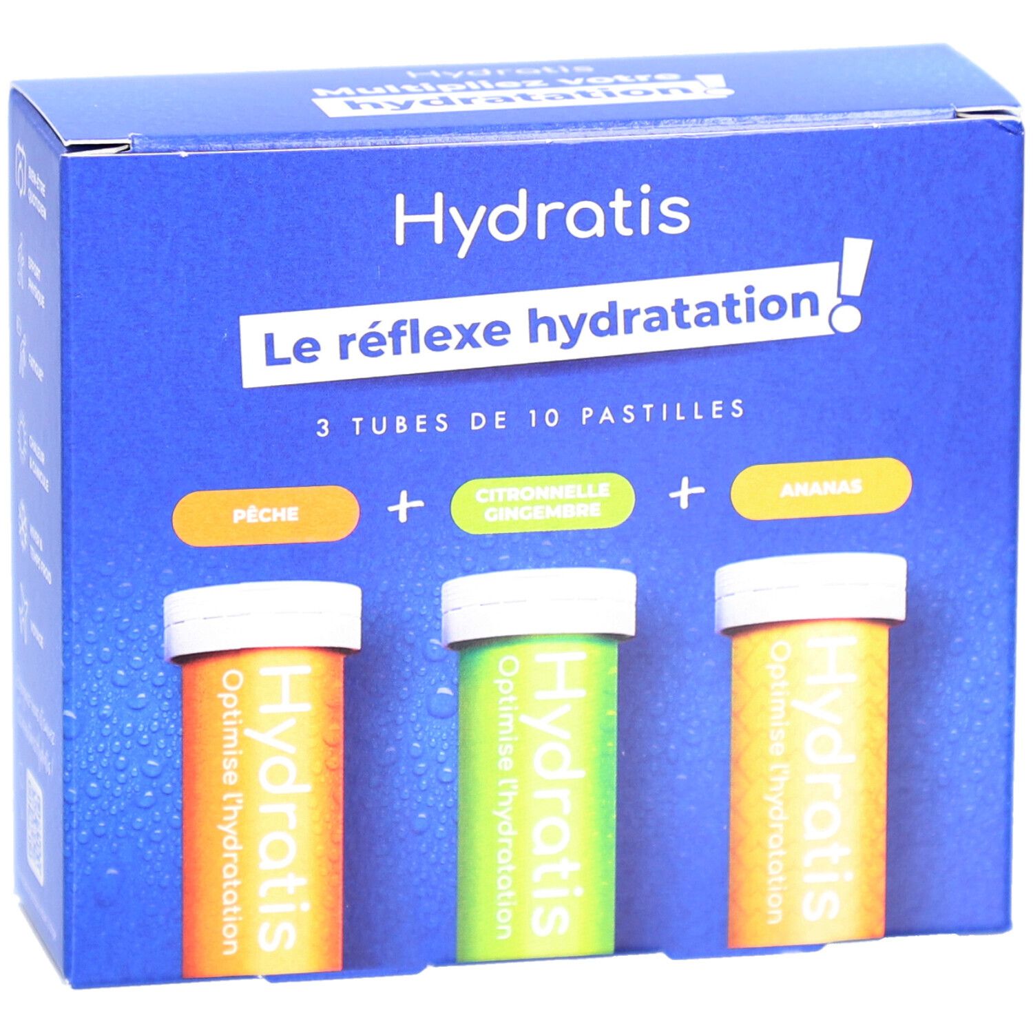 Boîte bleue Hydratis. 3 tubes de 10 pastilles. Saveurs : Pêche, Gingembre, Ananas. Inscription "Le réflexe hydratation".