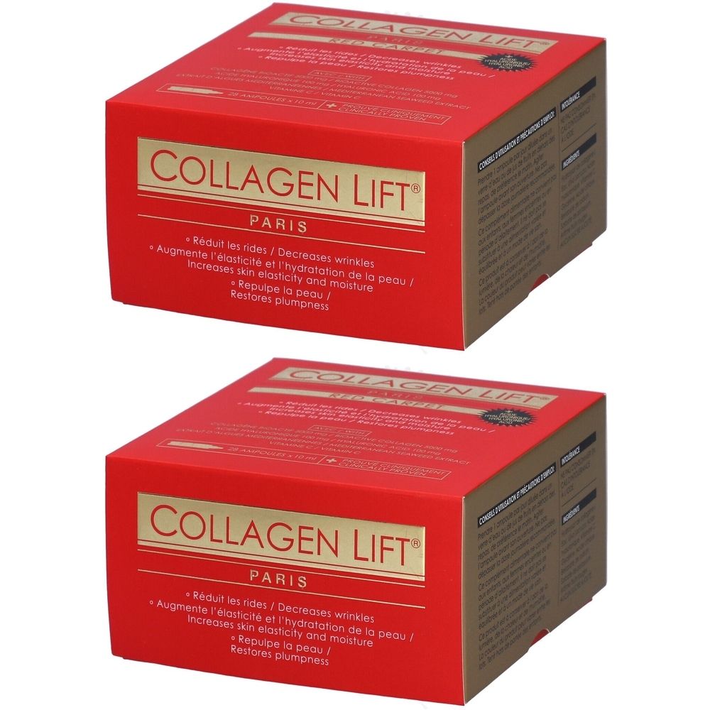 Deux boîtes rouges COLLAGEN LIFT PARIS. Texte: Réduit les rides, augmente l'élasticité et l'hydratation de la peau.