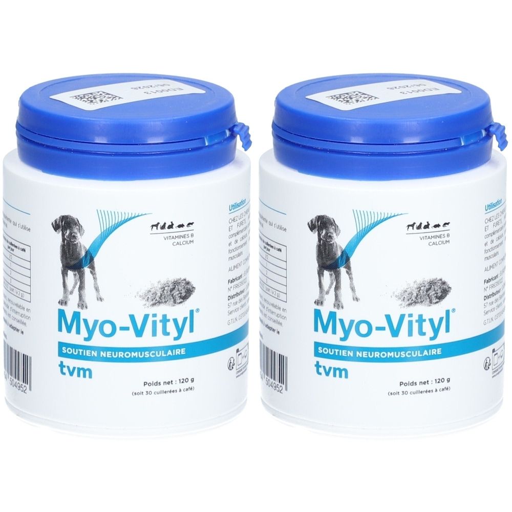 Zwei weiße Dosen mit blauem Deckel. Aufschrift: Myo-Vityl, soutien neuromusculaire, tvm. Abbildung eines Hundes.