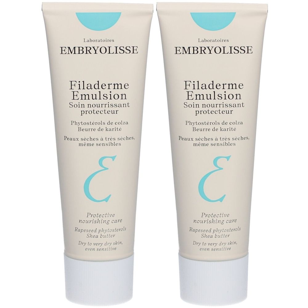 Deux tubes de Filaderme Emulsion. Inscription: Embryolisse, Filaderme Emulsion, Soin nourrissant protecteur. Pour peaux sèches à très sèches.