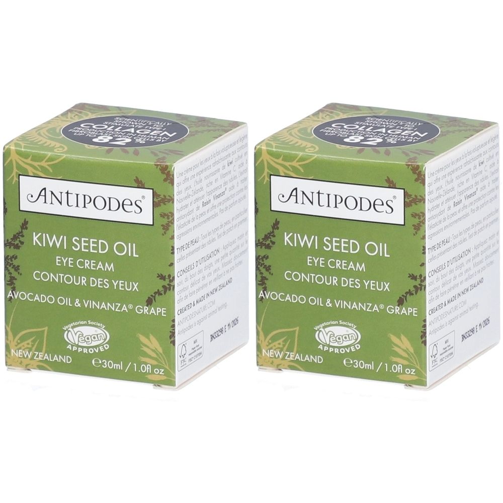 Deux boîtes vertes "Antipodes Kiwi Seed Oil Eye Cream". Logo végétalien et texte en anglais et français. 30ml/1.0fl oz.