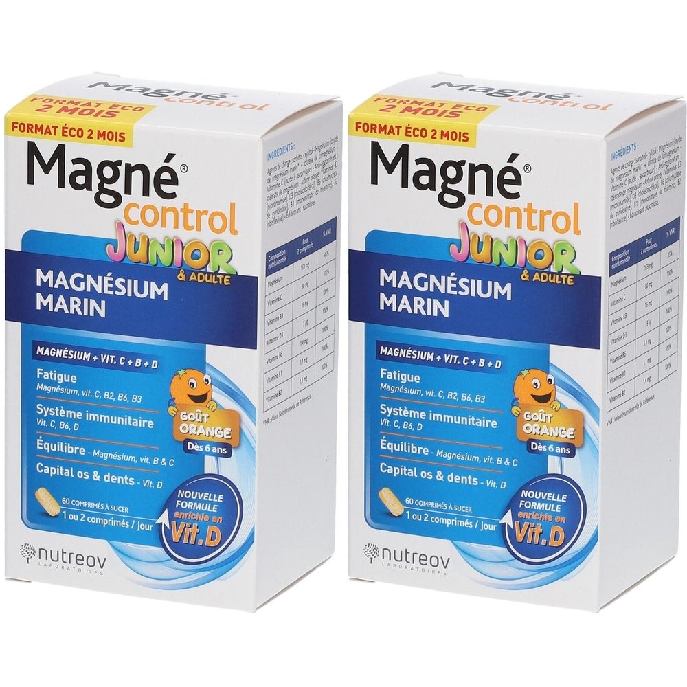 Zwei Kartons Magné control Junior & Adulte. Aufschrift: Magnesium Marin, Vit. C+B+D. Orange Geschmack. Neue Formel Vit.D.