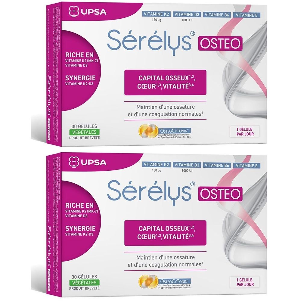 Zwei Packungen Sérélys OSTEO. Aufschrift: CAPITAL OSSEUX, CŒUR, VITALITÉ. Enthält 30 Kapseln. Marke UPSA.