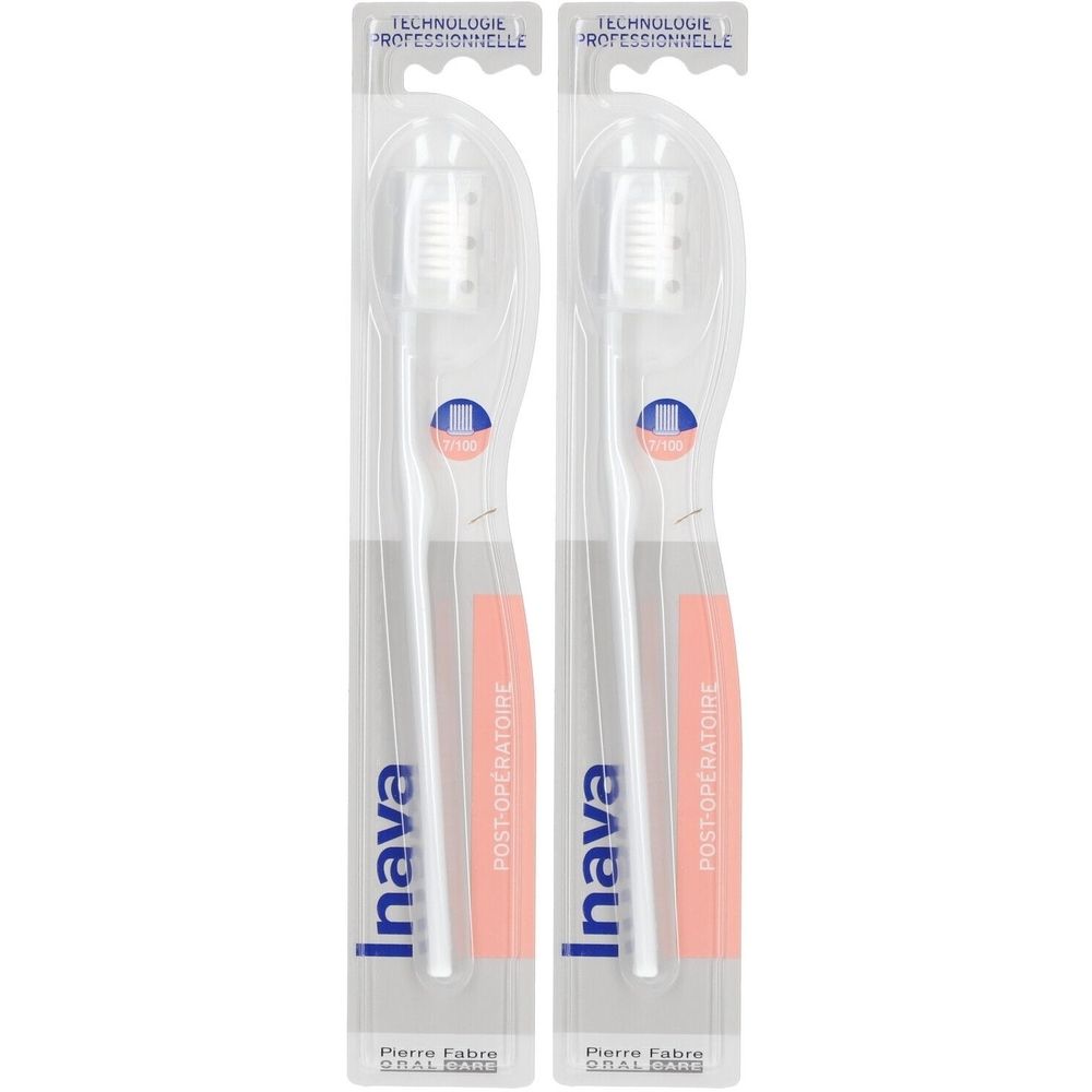 Deux brosses à dents emballées. Inava et Post-opératoire sont visibles sur les manches. Technologie professionnelle.