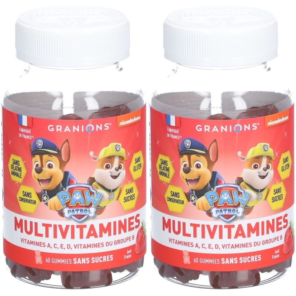 Zwei Flaschen GRANIONS Pat Patrouille Multivitamine. Rote Etiketten mit Paw Patrol-Figuren. Weiße Deckel. 60 zuckerfreie Gummibärchen.