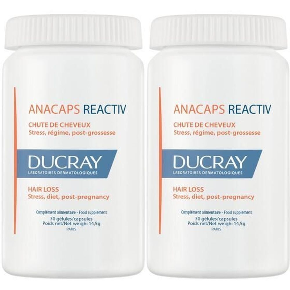 Zwei weiße Flaschen mit Schraubverschluss. Aufschrift: ANACAPS REACTIV, DUCRAY. Text: Haarausfall, Stress, Diät, Schwangerschaft.