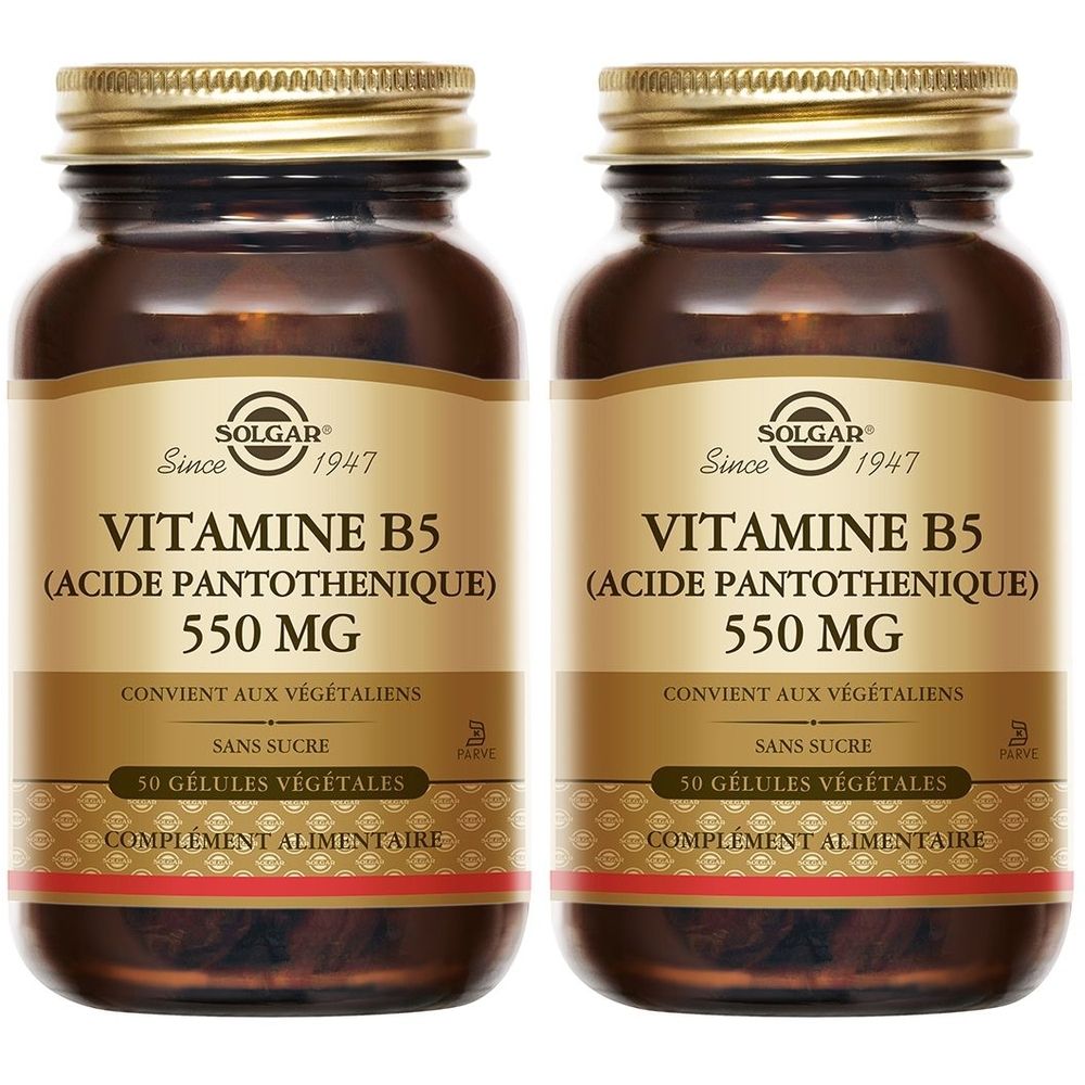 Zwei braune Glasflaschen mit goldenen Deckeln. Auf den Etiketten steht "VITAMINE B5" und "550 MG". Marke: SOLGAR.