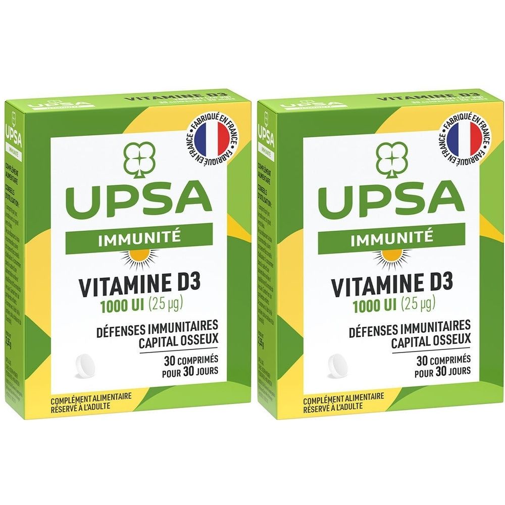 Deux boîtes vertes UPSA Immunité, Vitamine D3, 30 comprimés. Drapeau français.