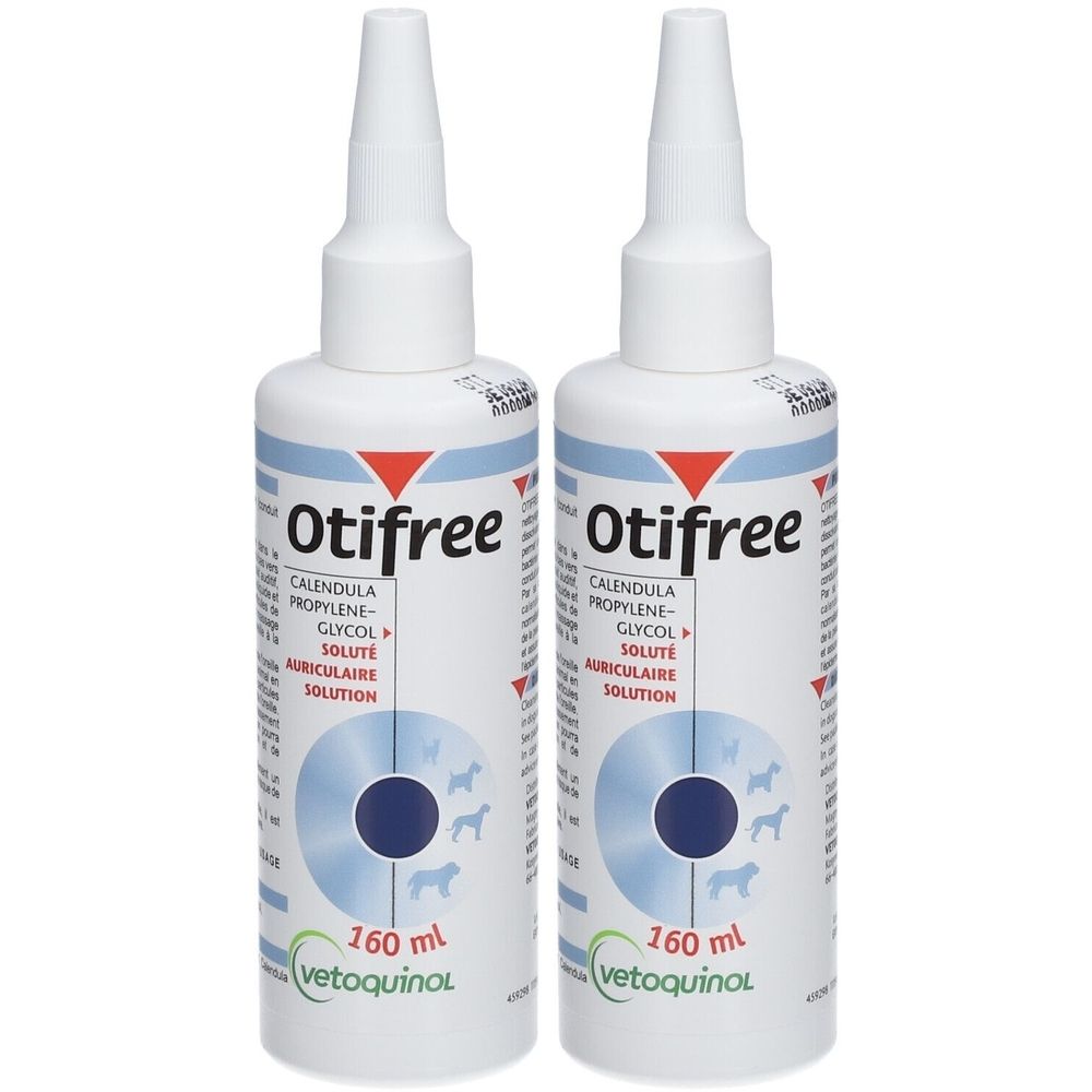Zwei weiße Flaschen mit Spitze. Aufschrift Otifree, Inhaltsstoffe und 160 ml. Marke Vetoquinol.