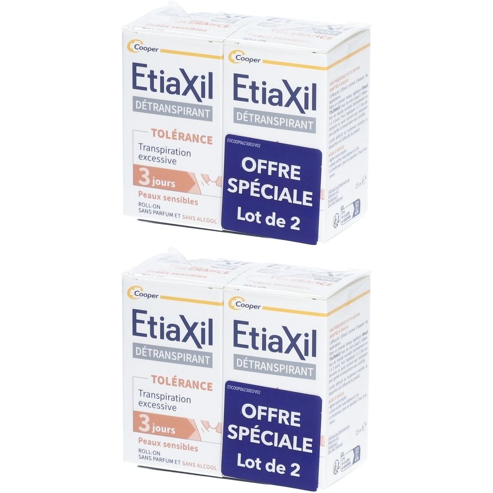 Zwei weiße Kartons mit Produktaufdruck. Aufschrift: Etiaxil, Détranspirant, Tolérance, Offre Spéciale, Lot de 2.