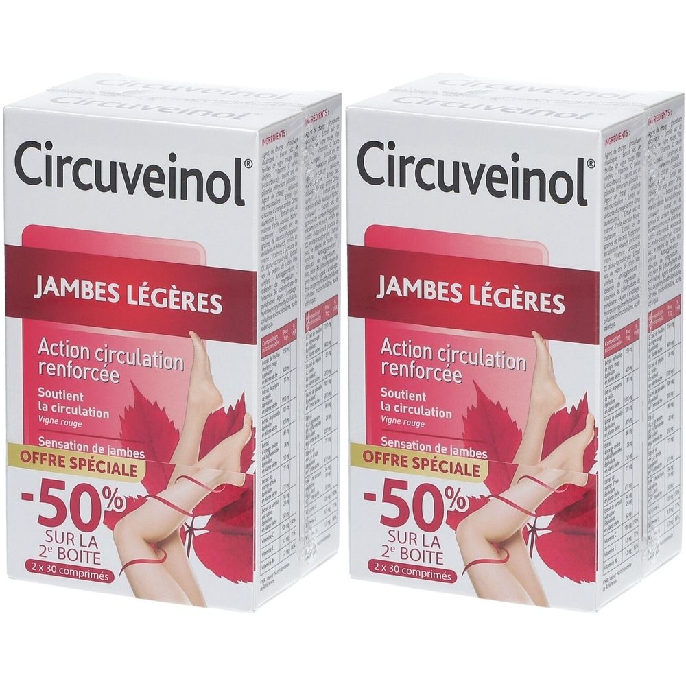 Zwei Schachteln Circuveinol. Aufschrift: JAMBES LÉGÈRES, Action circulation renforcée, -50% auf die zweite Packung.