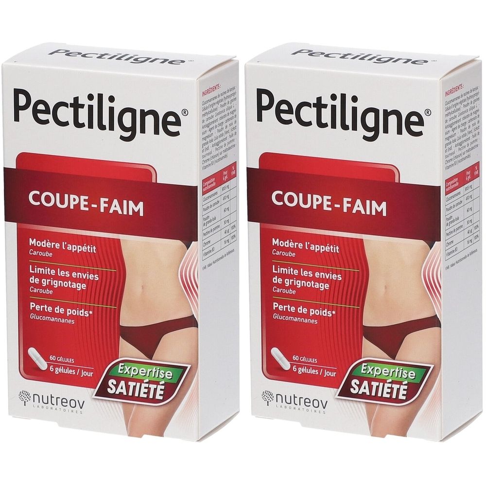 Zwei Schachteln Pectiligne. Aufschrift: Coupe-Faim. Enthält 40 Kapseln. Mit Abbildung einer Frau.