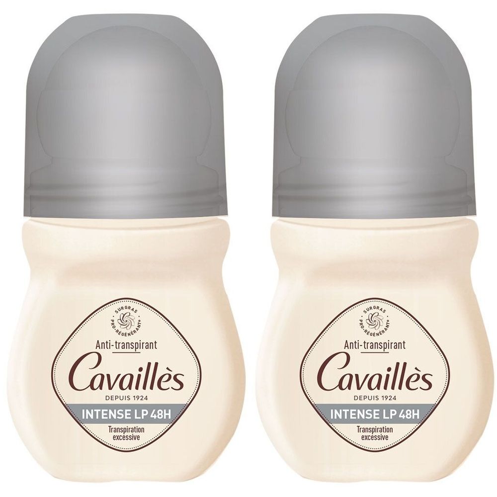 Zwei Roll-on-Deodorants mit silbernen Kappen. Aufschrift: Cavaillès, Anti-transpirant, Intense LP 48H.
