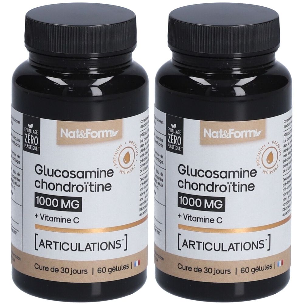Deux flacons noirs. Inscription: Glucosamine chondroïtine, 1000 MG + Vitamine C. Pour les articulations. 60 gélules.