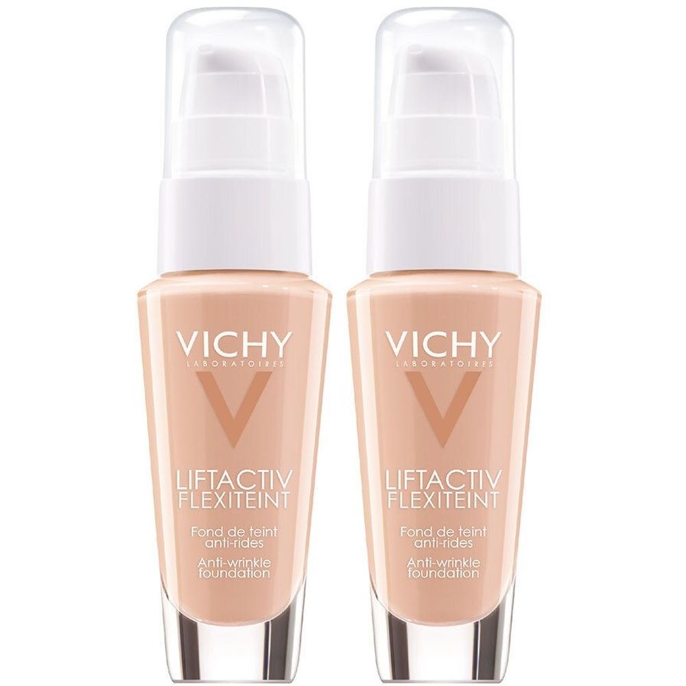 Zwei Flakons Foundation. Aufschrift: VICHY, LIFTACTIV FLEXITEINT, Anti-Wrinkle Foundation. Farbton 45. Mit Pumpverschluss.