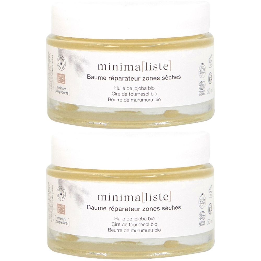 Deux pots en verre avec couvercles blancs. Étiquettes avec "minimaliste" et "Baume réparateur zones sèches".