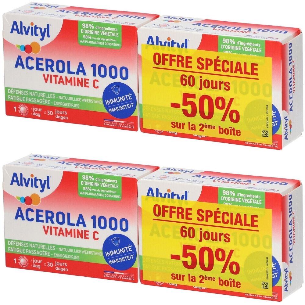 Mehrere Schachteln Alvityl Acérola 1000 Vitamin C. Auf einer Schachtel steht „OFFRE SPÉCIALE -50%“. Aufschrift: „98% Inhaltsstoffe pflanzlichen Ursprungs“.