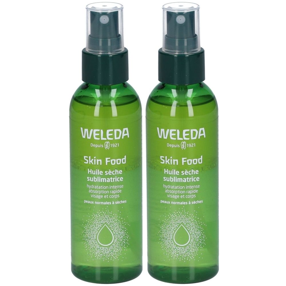 Deux flacons spray verts. Inscription: WELEDA Skin Food Huile sèche sublimatrice. Pour peaux normales à sèches.