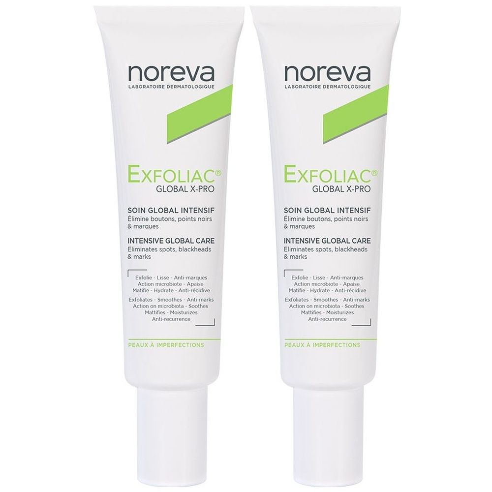 Deux tubes blancs. Inscription "noreva" et "Exfoliac Global X-PRO" sur chaque tube. Texte vert et noir. Produit pour imperfections cutanées.