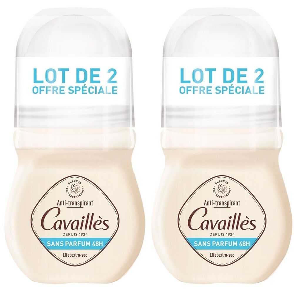 Zwei Roll-on-Deodorants. Aufschrift: LOT DE 2, OFFRE SPÉCIALE. Marke Cavaillès, Anti-transpirant, Sans Parfum 48H.