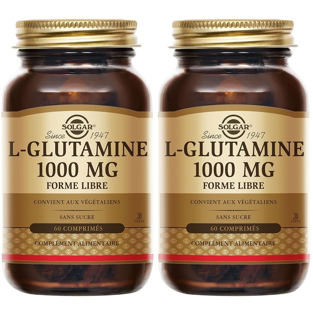 Deux flacons en verre brun avec des couvercles dorés. Chaque flacon porte l'inscription "SOLGAR L-Glutamine 1000 MG". Contient 60 comprimés.