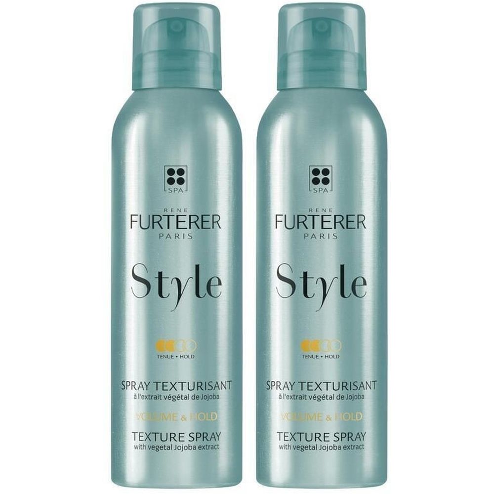 Deux sprays texturisants. Flacons bleu clair avec bouchon pulvérisateur. Inscription: FURTERER PARIS, Style.