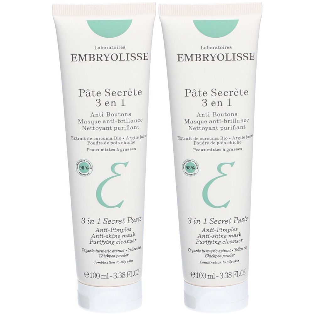 Zwei Tuben Embryolisse Pâte Secrète 3 en 1. Weiß, mit grüner Schrift. Enthält Text wie 'Anti-Boutons' und '3 in 1 Secret Paste'.