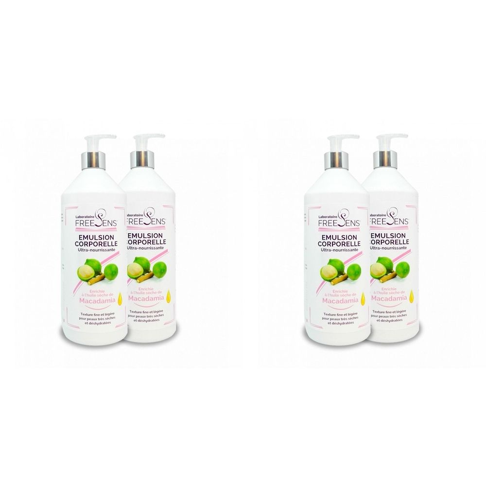 Deux flacons blancs avec pompe. Inscription: Freesens Emulsion Corporelle. Illustration de fruits. Texte: Ultra-nourrissante.