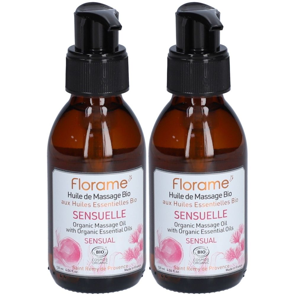Zwei braune Glasflaschen mit schwarzem Pumpverschluss. Auf dem Etikett steht "Florame Huile de Massage Bio Sensuelle".