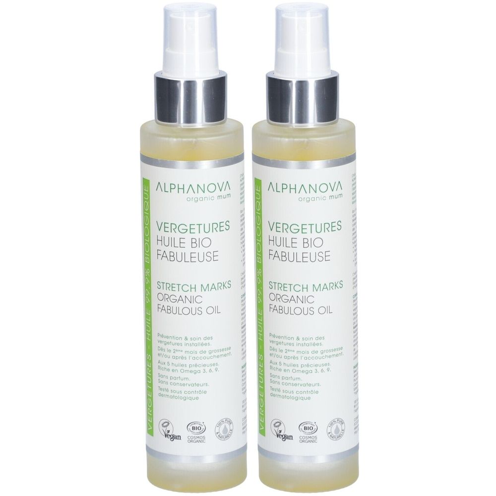 Zwei Flaschen mit Sprühkopf. Aufschrift: VERGETURES HUILE BIO FABULEUSE, STRETCH MARKS ORGANIC FABULOUS OIL. Marke: ALPHANOVA.